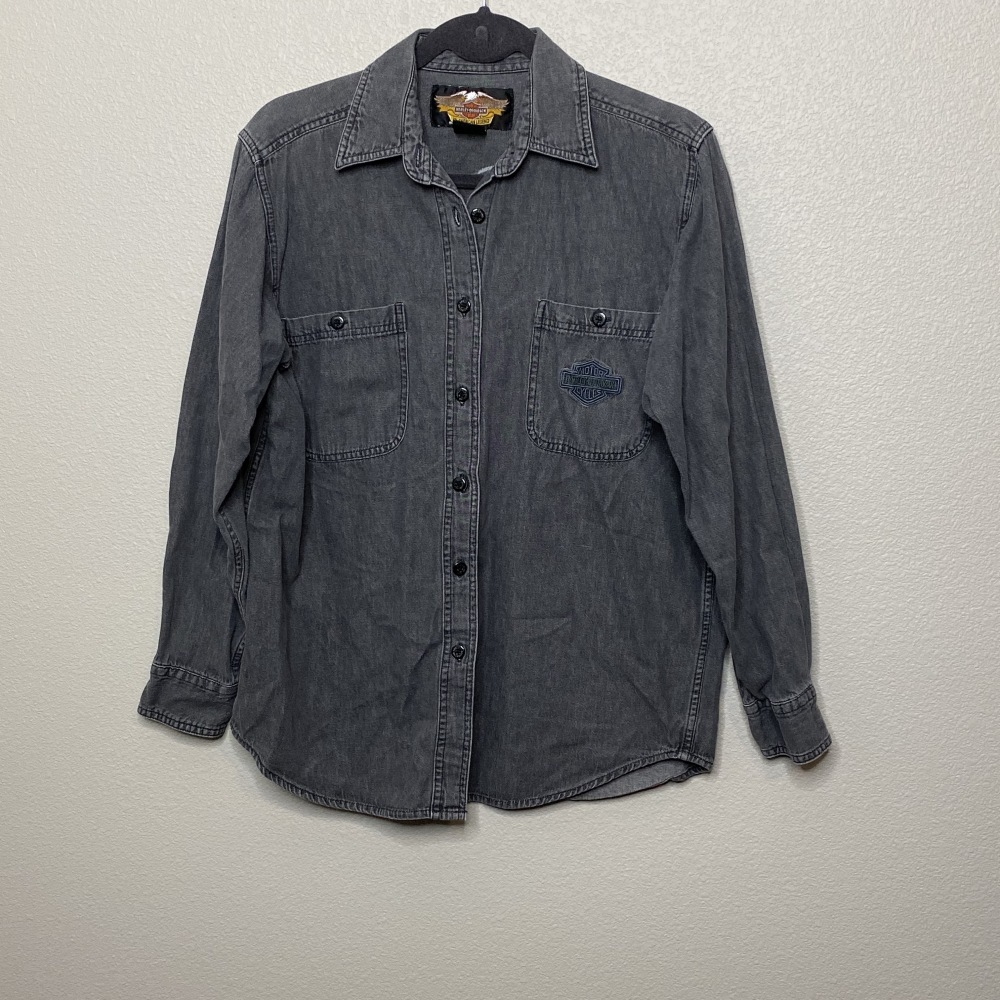 Harley Davidson Button Down Shirt Womens L Gray Embroidered Logo Long Sleeve